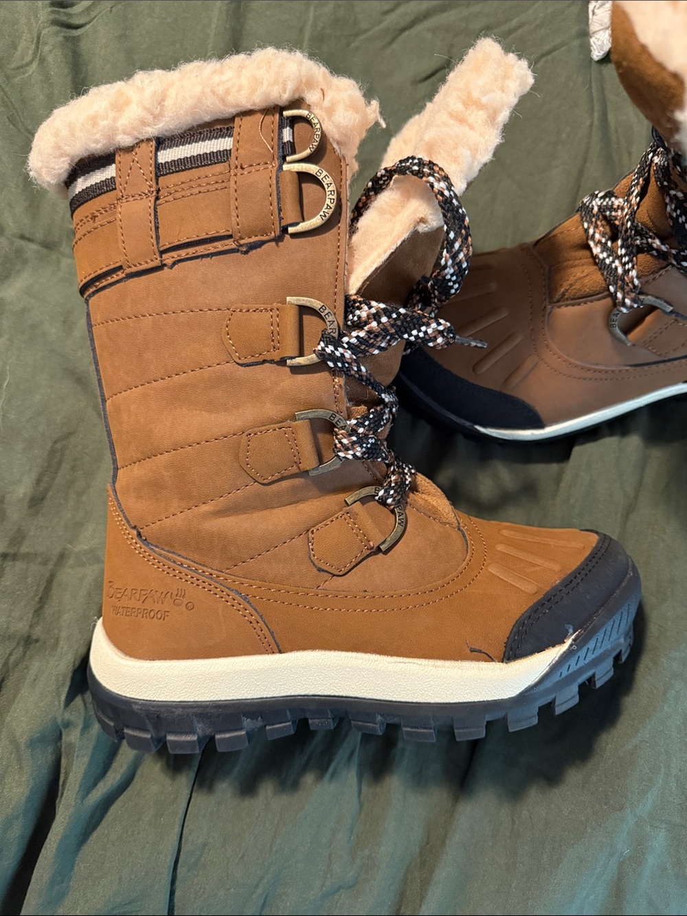 BearPaw Kids Tan & Black Waterproof Winter Boots with Faux Fur Cuff
